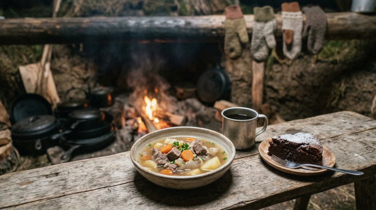 A bowl of bidos reindeer stew with coffee and cake, the lunch on this husky dog sledding tour in Tromsø