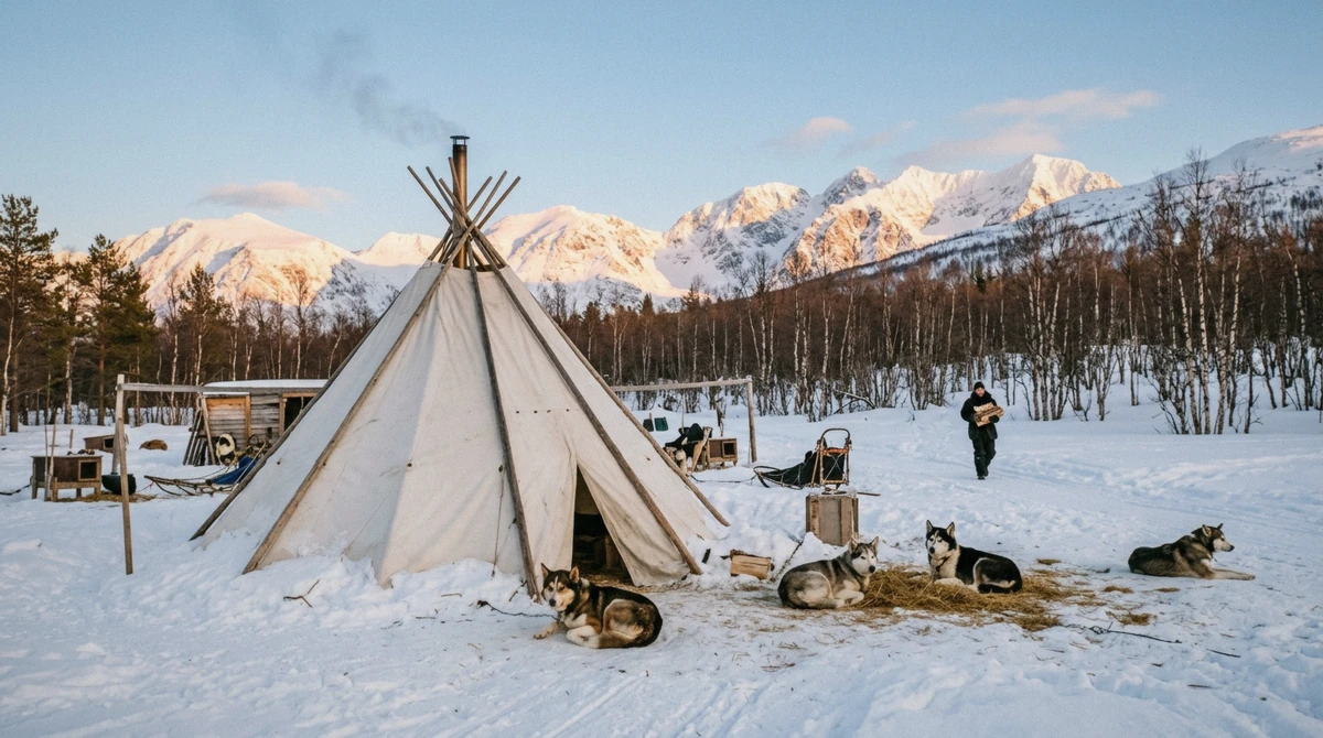 Huskies resting in front of a lavvo at a camp near Tromsø in golden afternoon sun, the evening start of husky dog sledding and northern lights plans