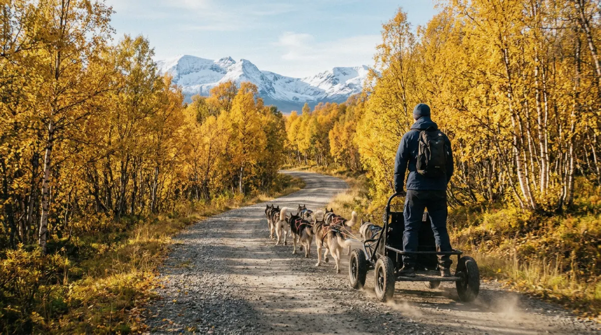 A husky team pulling a wheeled cart along a gravel road under golden birches near Tromsø, autumn husky training before the snow