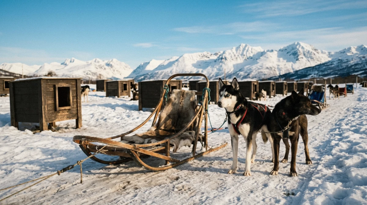 Two harnessed huskies beside an empty sled in a sunny kennel yard near Tromsø, what the price of husky dog sledding in Tromsø pays for