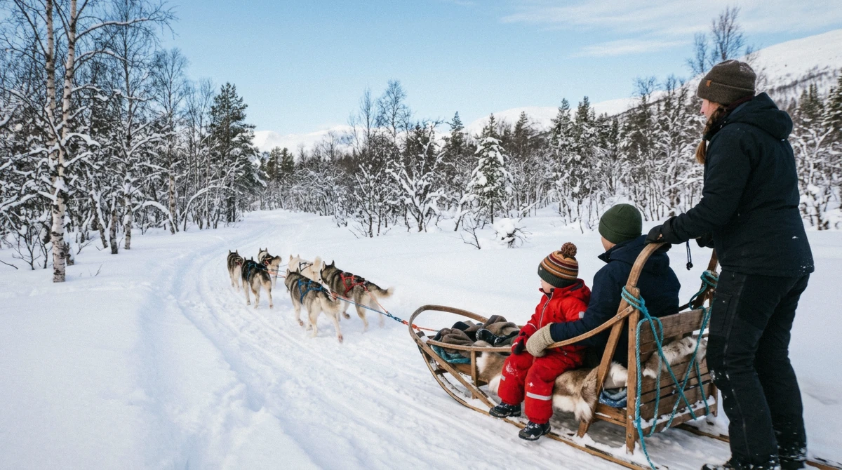 A small child riding in a husky sled with a parent while a musher drives on a sunny trail, husky dog sledding in Tromsø with kids