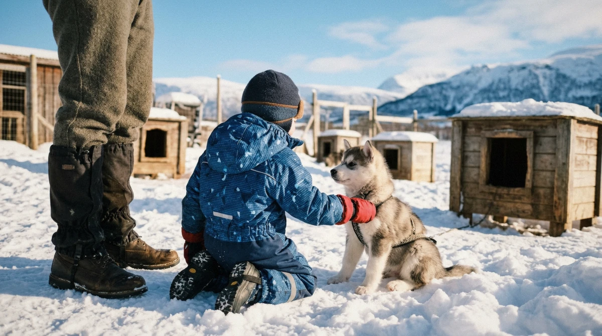 A child stroking a husky puppy at a sunny kennel near Tromsø, the favourite part of husky dog sledding with kids
