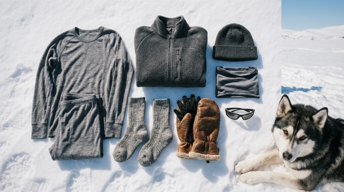 Wool base layers, socks, hat, buff, mittens and sunglasses laid on sunny snow beside a husky, what to wear for husky dog sledding in Tromsø