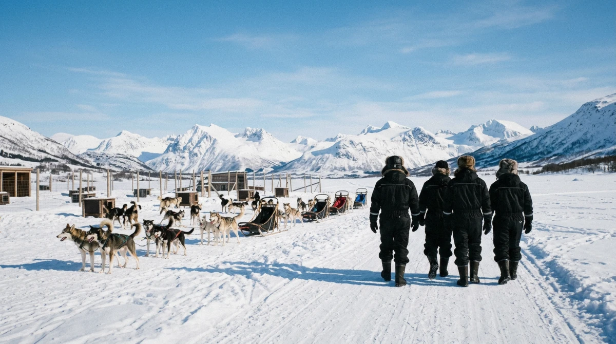 Visitors in lent black thermal suits walking to husky sleds on a sunny morning, the clothing provided on husky dog sledding in Tromsø