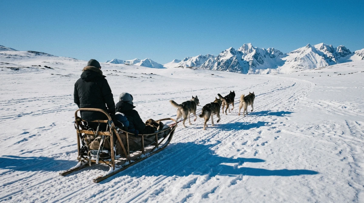 A husky team pulling a sled with two people across sunny open snow near Tromsø, the half day you weigh up when asking if husky dog sledding in Tromsø is worth it