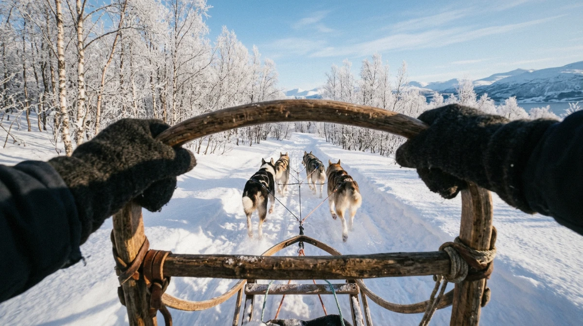 The view from the runners of a dog sled behind four huskies on a sunlit birch trail, the core of husky dog sledding in Tromsø