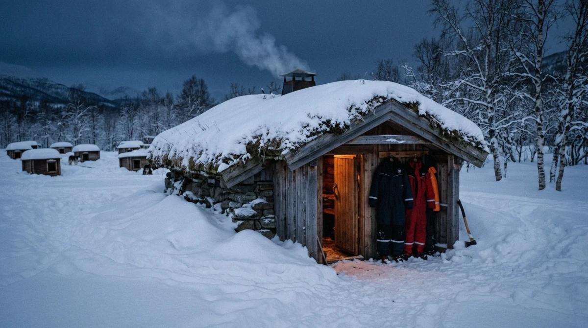 A turf-roofed gamme hut in the snow at a kennel, where lunch is served on husky dog sledding in Tromsø
