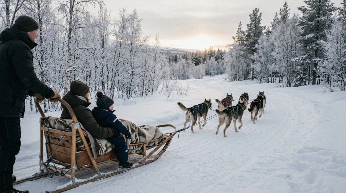 A child riding in a husky sled while a musher drives, the all-ages option for husky dog sledding in Tromsø