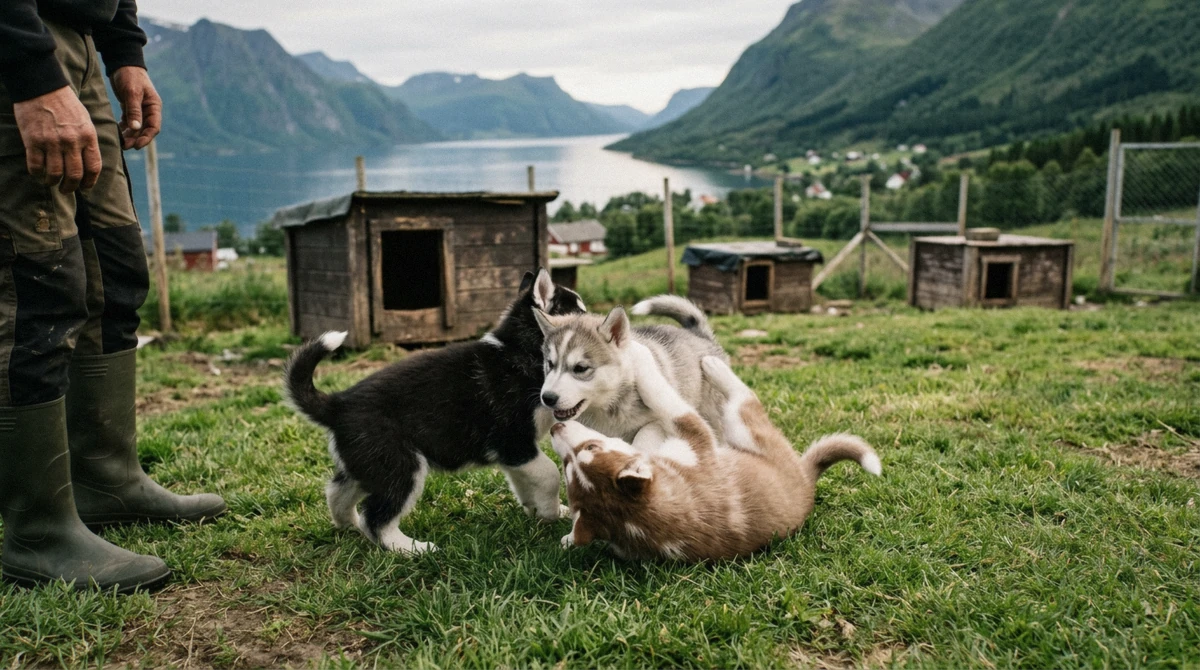 Husky puppies on summer grass at a kennel near Tromsø, the off-season side of husky dog sledding in Tromsø