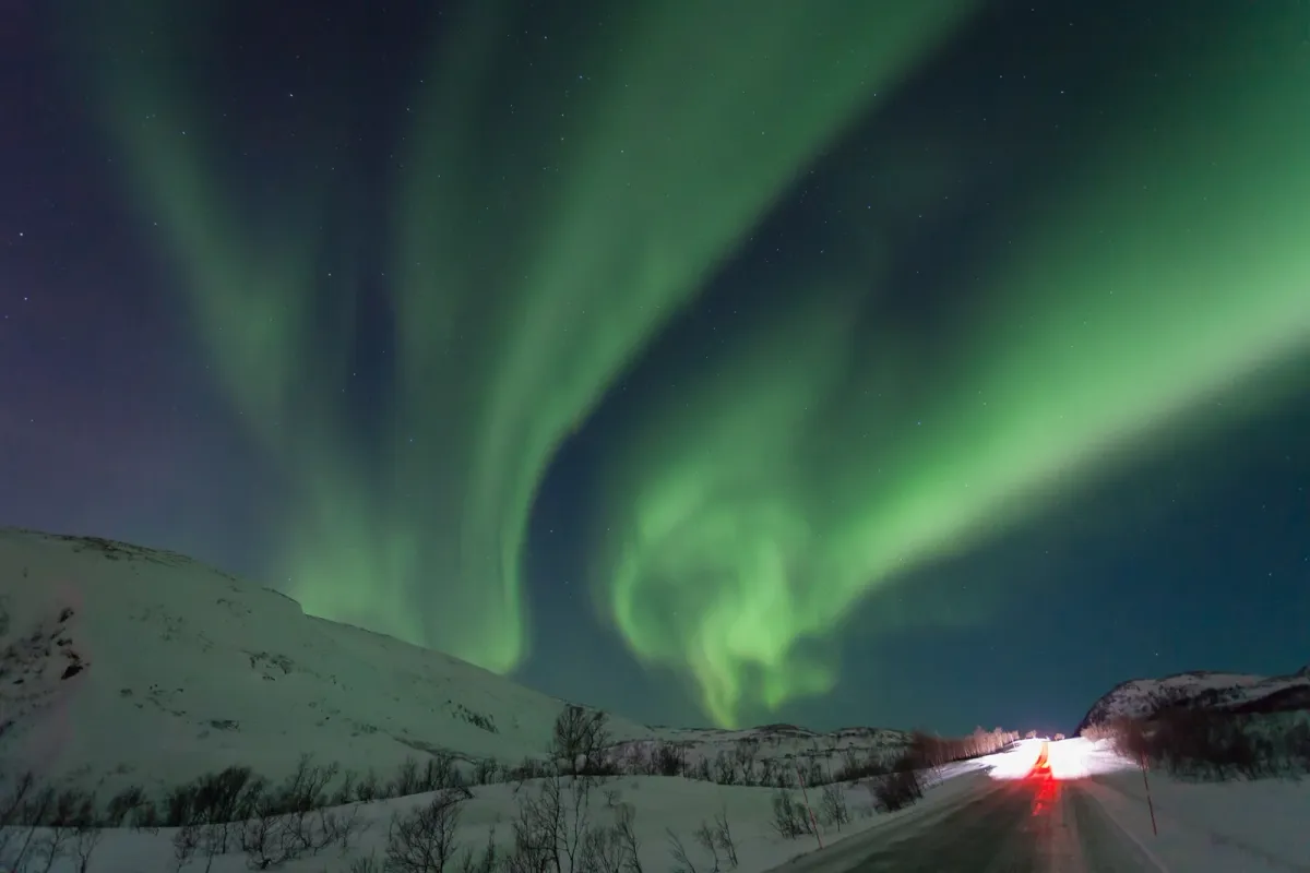 Northern lights over a road on Kvaløya near Tromsø, the night sky after a day of husky dog sledding