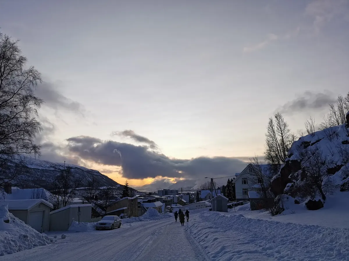 A snowy Tromsø street in the midday winter light, where husky dog sledding tours meet their buses